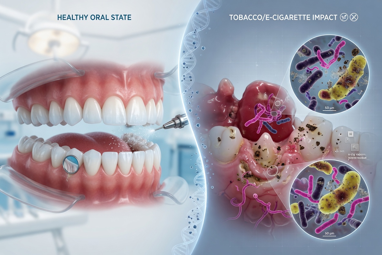 E-cigarette and heated tobacco (HTP) device illustration — two different product forms, both with measurable impacts on the oral environment.